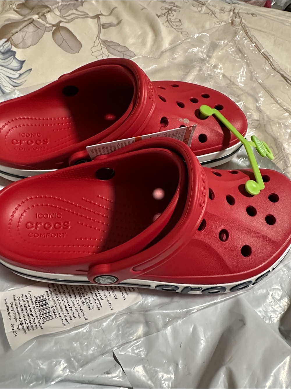 CROCS Red Classic Clog with Navy blue women’s nine men’s seven